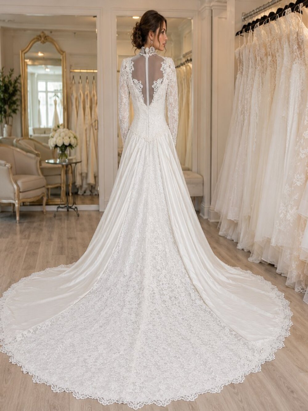 Vintage Ivory Silk Satin Lace Wedding Dress Sz 8 - Picture 3 of 11